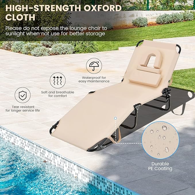 GYMAX Tanning Chair, 330lbs Beach Lounge Chair with Face Hole, Detachable Washable Pillow & Carry Strap, Adjustable Folding Chaise Lounge, Layout Chair for Outside, Patio, Poolside, Lawn (1, Beige)