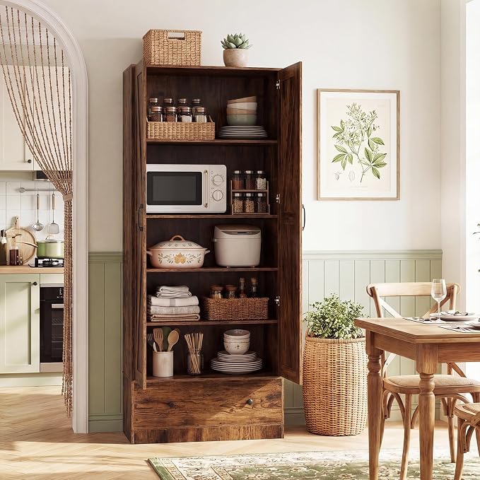 GIANTEX 72" Tall Kitchen Pantry Cabinet, Farmhouse Cupboard, Rustic Brown | Wooden Buffet Cabinet w/ 2 Doors, Drawer & Adjustable Shelf, Freestanding Versatile Storage Cabinet for Living Room Bathroom