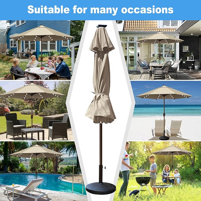 Eurmax USA 10-Year-Non-Fading 10FT Outdoor Patio Market Umbrella with LED Lights,UPF50+ UV Resistant,Heavy Duty Commercial Grade,Crank Lift Design,Windproof Vented Top for Garden,Pool,Deck,Antique Beige