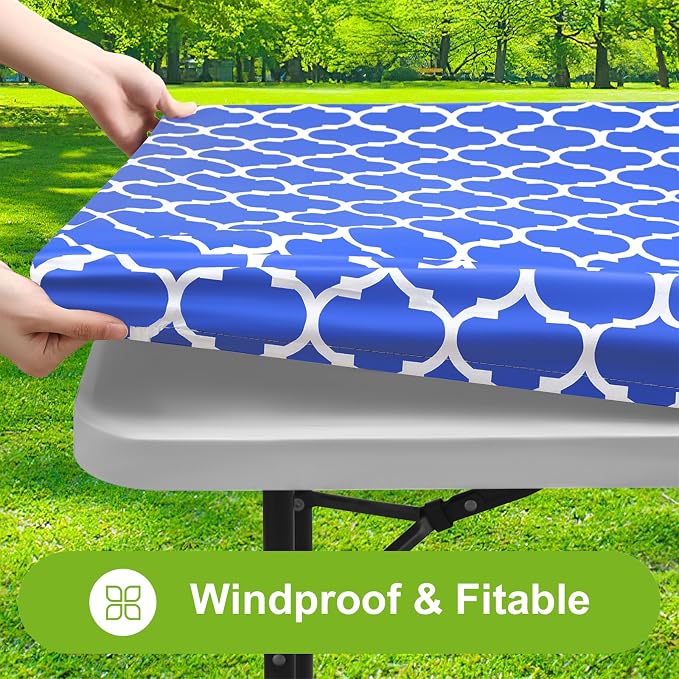 Smiry Picnic Fitted Table Cover, 6 Foot Flannel Backed Vinyl Tablecloth | Waterproof Elastic Stretch Table Cloth, Wipeable Plastic Tablecloth for Camping, Indoor & Outdoor (Blue, 18" x 72")