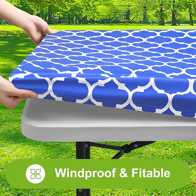 Smiry Picnic Fitted Table Cover, 8 Foot Flannel Backed Vinyl Tablecloth | Waterproof Elastic Stretch Table Cloth, Wipeable Plastic Tablecloth for Camping, Indoor & Outdoor (Blue, 36" x 96")