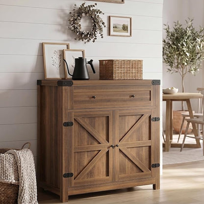 YESHOMY Kitchen Storage Coffee Bar Accent Cabinet, Brown&Rustic, 1PCS | Farmhouse Sideboard Buffet Cabinet, Large Drawer and Adjustable Shelf, Barn Door Accent Cabinet for Dining Room, Entryway