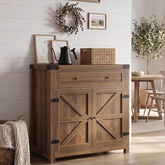 YESHOMY Kitchen Storage Coffee Bar Accent Cabinet, Brown&Rustic, 1PCS | Farmhouse Sideboard Buffet Cabinet, Large Drawer and Adjustable Shelf, Barn Door Accent Cabinet for Dining Room, Entryway