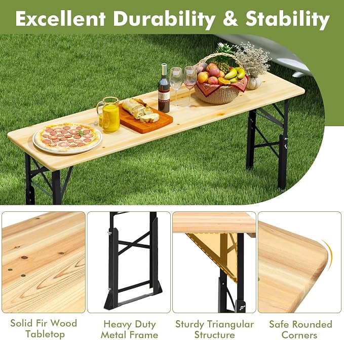 5.5FT Folding Picnic Beer Table, Outdoor Camping Table with Umbrella Hole & 2 Adjustable Heights, Heavy Duty Metal Frame & Solid Wood Top, Portable Picnic Table for Patio, Garden, Backyard