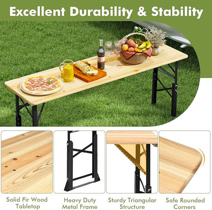 5.5FT Folding Picnic Beer Table, Outdoor Camping Table with Umbrella Hole & 2 Adjustable Heights, Heavy Duty Metal Frame & Solid Wood Top, Portable Picnic Table for Patio, Garden, Backyard