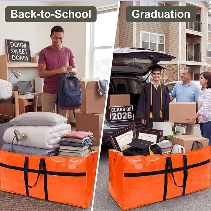 6 Pcs 66 Gallon Extra Large Moving Bags Heavy Duty Storage Bag with Strong Zipper Handle Foldable XXL Jumbo Storage Tote Packing Moving Box for College Dorm Travel Cloth Duffle (Orange)