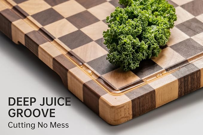 Cutting Boards for Kitchen, Checkered Cutting Board Upgraded, Acacia Wood Chopping Board with Juice Grooves & Handles, Large Butcher Block Serving Tray with Gift Box, 17"X12"X0.8"