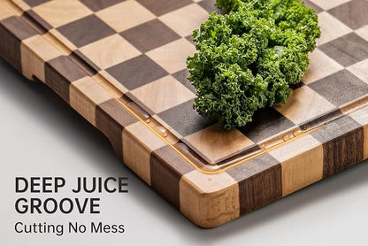 Cutting Boards for Kitchen, Checkered Wood Cutting Board | Walnut Chopping Board with Juice Grooves & Handles, Butcher Block Serving Tray with Gift Box 16" x 11" x 0.8"