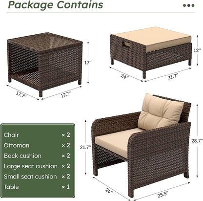 5 Piece Patio Furniture Set, PE Wicker Outdoor Furniture Set with Soft Cushions & Coffee Table, Outdoor Lounge Chairs with Ottoman for Porch, Lawn, Balcony, Khaki-Beige