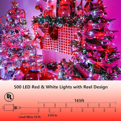YEGUO 165ft 500 LED String Lights Outdoor Waterproof, Clear Wire Christmas String Lights Indoor Plug in, 8 Modes Twinkle Tree Light for Xmas Party Garden(Red and White)