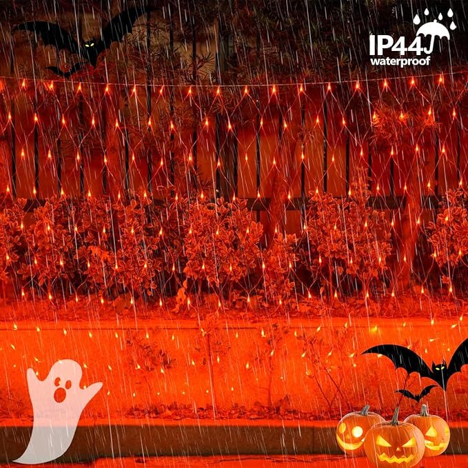 QITONG 360 LED Orange Christmas Net Light Outdoor, 12ft x 5ft Net Lights Outdoor Mesh Lights with 8 Modes, Clear Wire Thanksgiving Bush Light Plug in