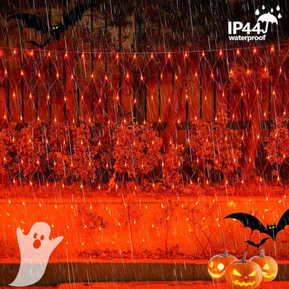 QITONG 360 LED Orange Christmas Net Light Outdoor, 12ft x 5ft Net Lights Outdoor Mesh Lights with 8 Modes, Clear Wire Thanksgiving Bush Light Plug in