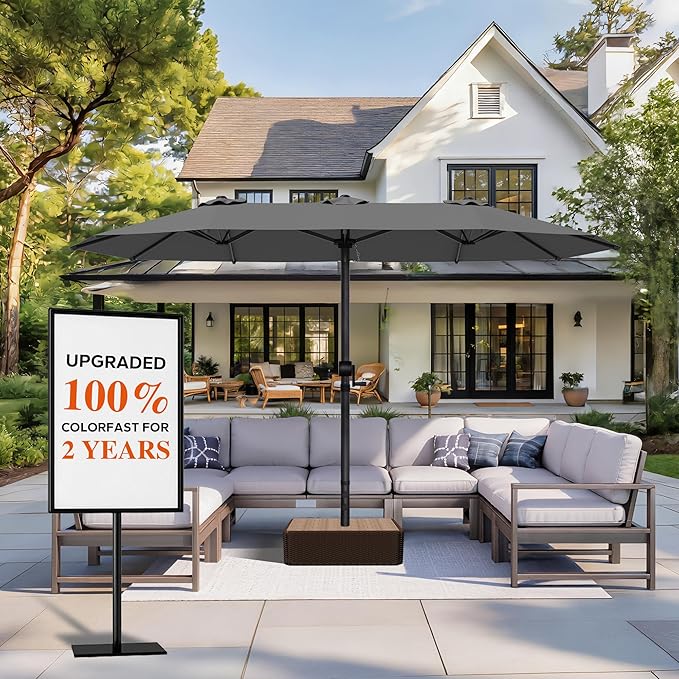 GDPFN 15FT Large Patio Umbrella, Outdoor Deck Standing Umbrella with Crank Handle, Double-Side Rectangular Pool Umbrella for Outside, Market, Patio, Dark Gray (Base Not Include)