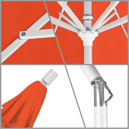 California Umbrella 9' Round Aluminum Market Umbrella, Crank Lift, Collar Tilt, White Pole, Sunset Olefin