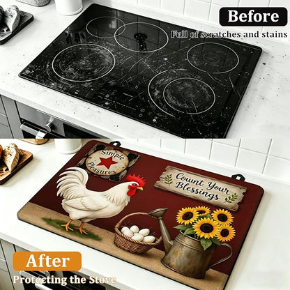 Farmhouse Rooster Glass Top Stove Cover Protector,Rustic Sunflower Heat Resistant Stove Top Cover, Large Size Range Covers for Electric Stove Countertop Mat, 28 x 20 Inch