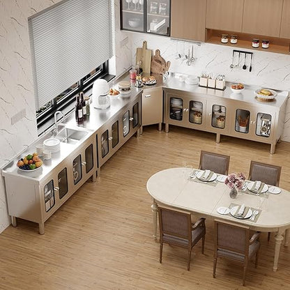 70" Stainless Steel Table Cabinet Heavy Duty Prep Table with 304 Stainless Steel Worktop and 5 Glass Doors Commercial Worktable Workbench with Storage Cabinet for Kitchen Garage Restaurant Outdoor