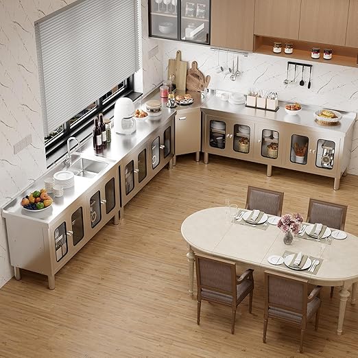 59" Stainless Steel Table Cabinet Heavy Duty Prep Table with 304 Stainless Steel Worktop and 4 Glass Doors Commercial Worktable Workbench with Storage Cabinet for Kitchen Garage Restaurant Outdoor