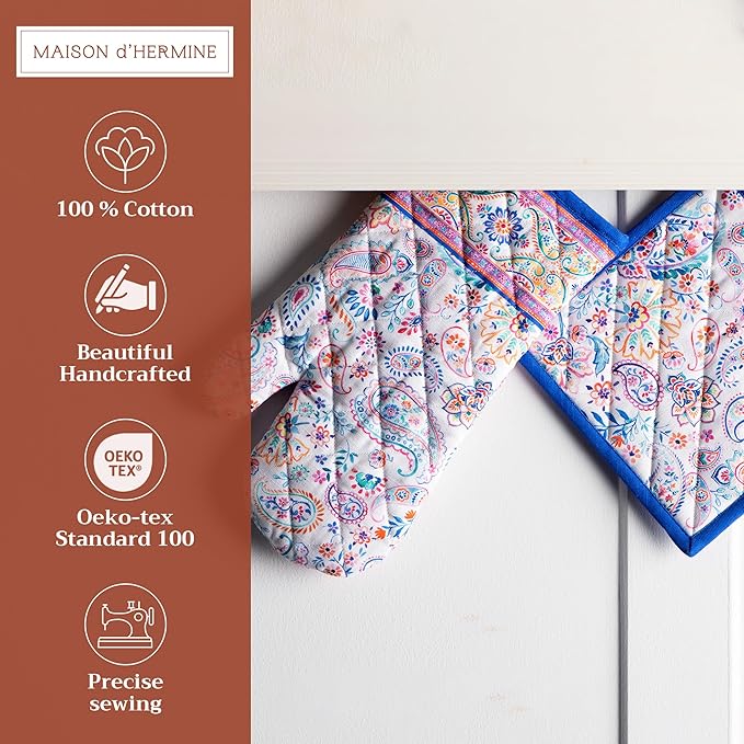 Maison d' Hermine 100% Cotton Oven Mitt & Pot Holder Set (7.5"x13" & 8"x8") Heat Resistant BBQ Cooking Gloves with Loop Baking Grilling Kitchen Hotel Home Farmhouse Spring Summer (Indian Floral)
