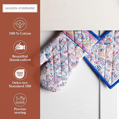 Maison d' Hermine 100% Cotton Oven Mitt & Pot Holder Set (7.5"x13" & 8"x8") Heat Resistant BBQ Cooking Gloves with Loop Baking Grilling Kitchen Hotel Home Farmhouse Spring Summer (Indian Floral)