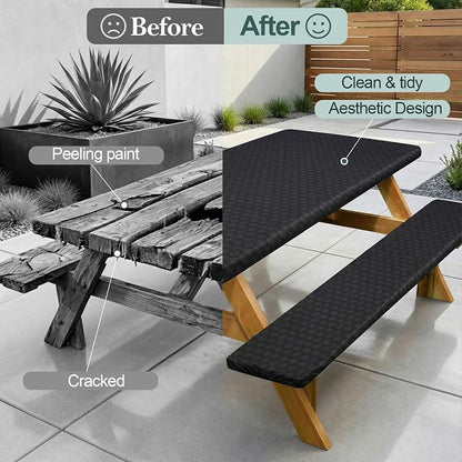 Picnic Table Cover with Bench Covers Camping Essentials Waterproof Windproof Camping Tablecloth with Drawstring Bag, Fitted Rectangle Tables and Seats, 96in, Black
