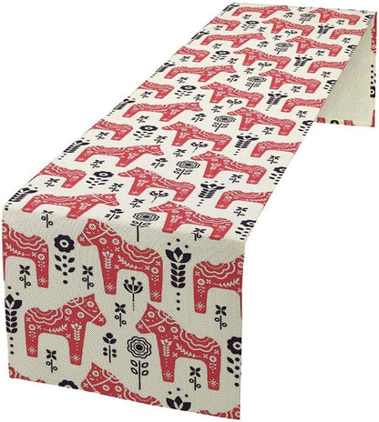 Ethnic Table Runner, Folk Inspired Swedish Dala Horse with Floral Ornaments Folklore Art Decor for Garden Farmhouse Wedding Party Holiday Dinner Home 13x108 Inch