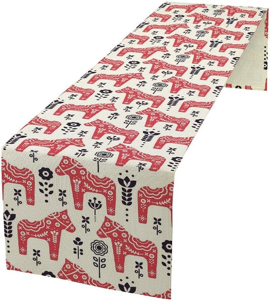 Ethnic Table Runner, Folk Inspired Swedish Dala Horse with Floral Ornaments Folklore Art Decor for Garden Farmhouse Wedding Party Holiday Dinner Home 13x108 Inch