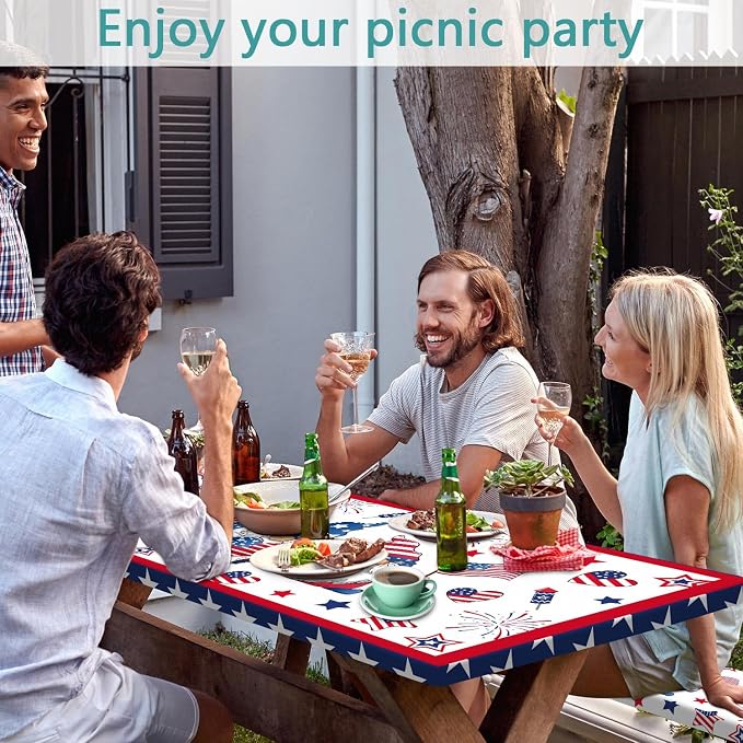 4th of July Picnic Table Cover with Bench Covers, Camping Essentials, Patriotic American Flag Gnomes Stars Table Cover Waterproof Fitted Tablecloth Cover with Elastic Edge for Outdoor 3 PCS 30x96 Inch