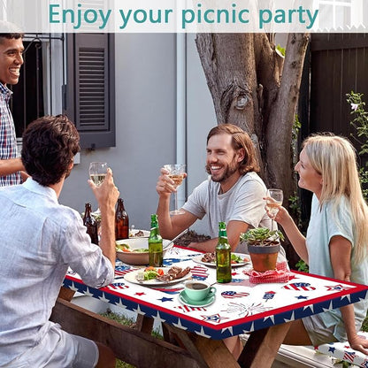 4th of July Picnic Table Cover with Bench Covers, Camping Essentials, Patriotic American Flag Gnomes Stars Table Cover Waterproof Fitted Tablecloth Cover with Elastic Edge for Outdoor 3 PCS 30x96 Inch