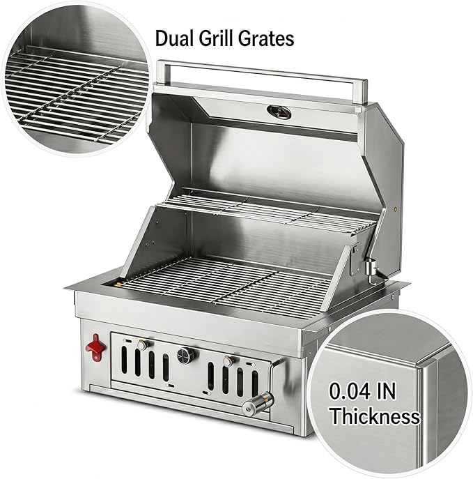 27-IN Premium Portable 304 Stainless Steel Built-in Charcoal Grill with Adjustable Charcoal Tray, Large Front Access Door, Side Vents, and Viewing Window,Ideal for Outdoor Family BBQ Gatherings