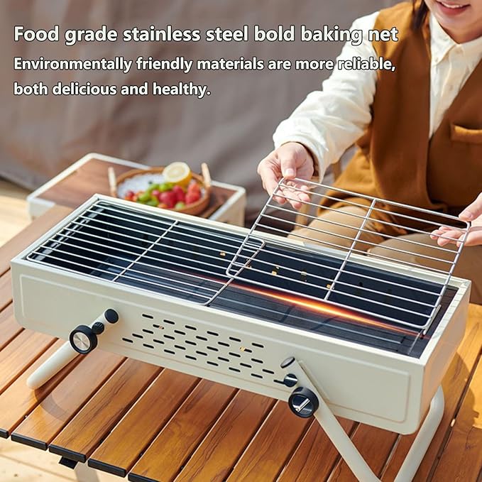 Portable Charcoal BBQ Grill Outdoor Cooking Barbecue Grill Large Number of Vents System with Height Adjustable Cooking Grate Suitable for Camping, Outdoor Cooking, Patio, Garden(White)