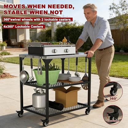 Outdoor Grill Cart Stainless Steel Pizza Oven Trolley Stand on Wheels Three-Shelf Movable Food Prep and Work Table Heavy Duty Grill Carts 31"×24"×35"