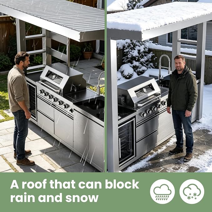110" Outdoor Kitchen Island with 4-Burner 72000 BTU,Heavy-Duty Propane Grill with Side Burner,Rotisserie Oven,Galvanized Steel Roof,Granite Countertops,Refrigerator,Storage Cabinets,Sink(Propane Gas)