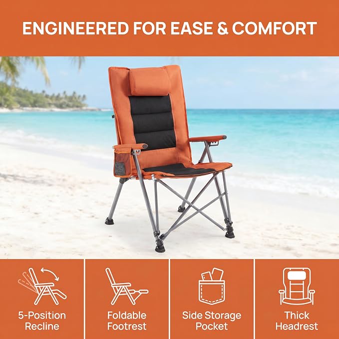 Adjustable Folding Beach Chair, Portable Camping Chair for Adults with Footrest, Reclining Outdoor Chair with Cup Holder & Pocket, Foldable Low Beach Chair for Camping, Picnic, Travel, Orange