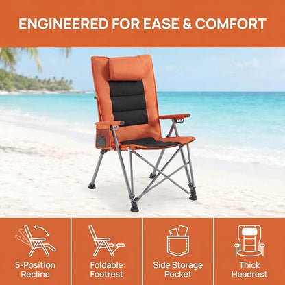 Adjustable Folding Beach Chair, Portable Camping Chair for Adults with Footrest, Reclining Outdoor Chair with Cup Holder & Pocket, Foldable Low Beach Chair for Camping, Picnic, Travel, Orange