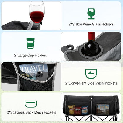 HOPERAN Double Camping Chair 660lb Camping Couch Oversized Folding Loveseat | 58" Wide Seat, 600D Fabric, 2 Person Camp Chair, Heavy Duty, Side&Rear Pocket, Cup&Wine Glass Holder, for Lawn Patio Beach