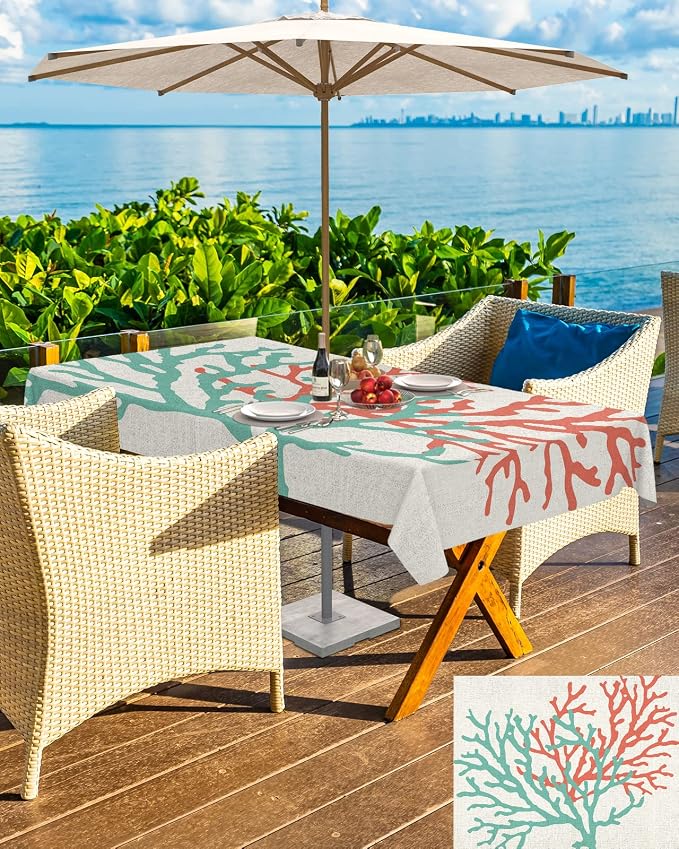 Teal Red Coral Outdoor Tablecloth - 60x102 Inch Rectangle Table Cover, Summer Ocean Nautical Coastal Rustic Burlap Waterproof Outdoor Table Cloth with Umbrella Hole & Zipper for Picnic/Patio/Party