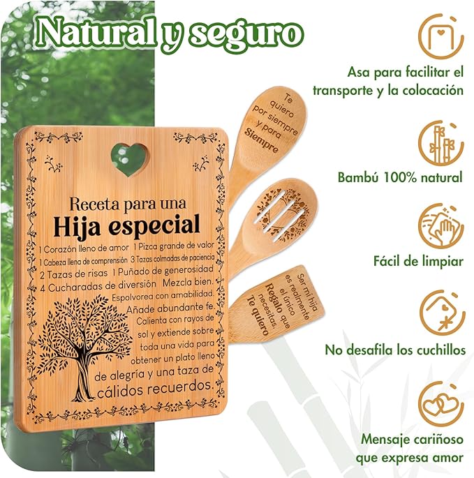 Regalos de cumpleaños para Hija - "Receta para una Hija especial". Juego de tablas de cortar y utensilios de bambú grabados. Regalos de cumpleaños para Hija. Spanish Daughter Cutting Board