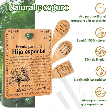 Regalos de cumpleaños para Hija - "Receta para una Hija especial". Juego de tablas de cortar y utensilios de bambú grabados. Regalos de cumpleaños para Hija. Spanish Daughter Cutting Board