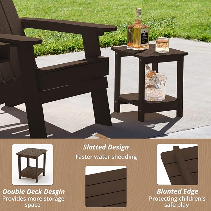 LUE BONA Outdoor Side Table, 2-Tier HDPS Small Patio Table, Dark Brown | 2-Tier Shelf for Extra Storage, Small End Table for Pool, Porch, Balcony, Weather Resistant HDPS, Easy Clean