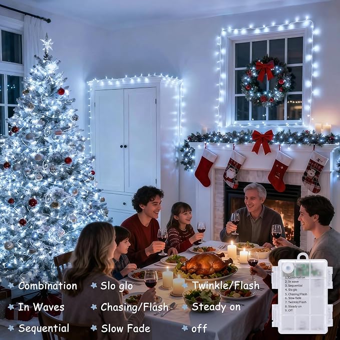 JMEXSUSS White Christmas Lights with Remote, 33ft 100 LED Battery Operated Christmas Lights, 8 Modes Outdoor Indoor String Light for Xmas Bedroom Tree Yard Porch Wedding (Pack of 2)