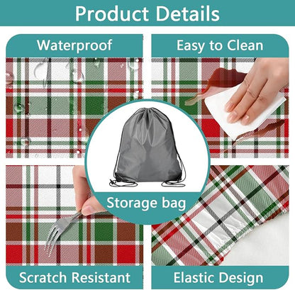 Red Green White Plaid Picnic Table Cover with Bench Covers and Bag, Camping Essentials, Water Resistant Windproof, Fitted Tablecloth Cover with Elastic Edge, for Indoor & Outdoor 3 PCS, 30x60 Inch