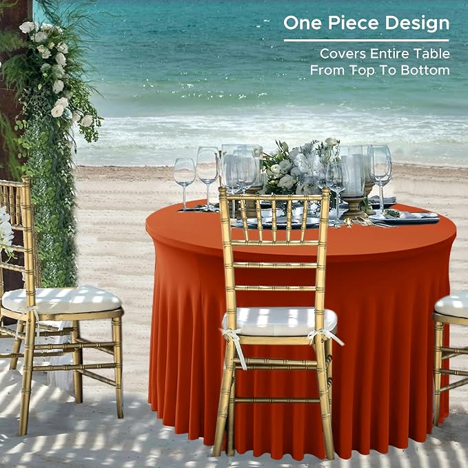 Rust Fitted Spandex Table Skirts Ruffle Fall Tablecloths 60R Inch,6 Pack | Stretchy Table Covers for Autumn Event, Thanksgiving Decorations,Outdoor Reception, Bridal Shower Cake Table