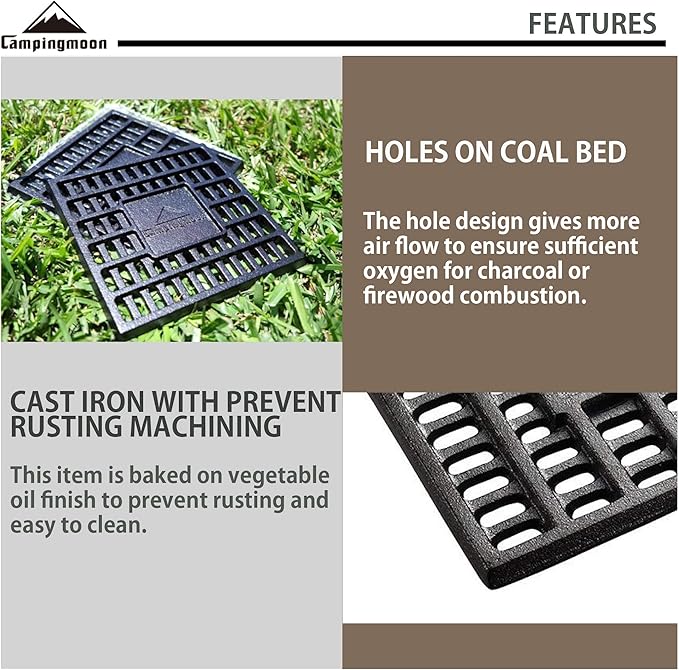 CAMPINGMOON Cast Iron Coal Bed Charcoal Fire Grate 6.89x6.89-inch T-175