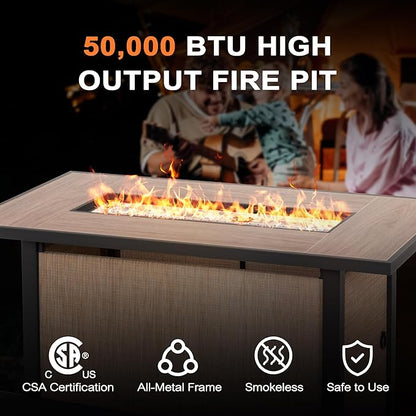 Nuu Garden 43 Inch Propane Fire Pit Table CSA Listed 50000 BTU Gas Fire Pit with Lid Glass Wind Guard and Fire Glass Beads 2 in 1 Rectangular Outdoor Fire Table for Patio Backyard Light Brown