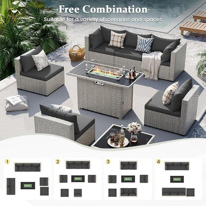 UDPATIO Patio Furniture Set with Fire Pit Table, 8 Pcs Outdoor Sectional Sofa, PE Wicker Patio Conversation Set for Garden, Backyard (Black Cushions with Light Grey Rattan)