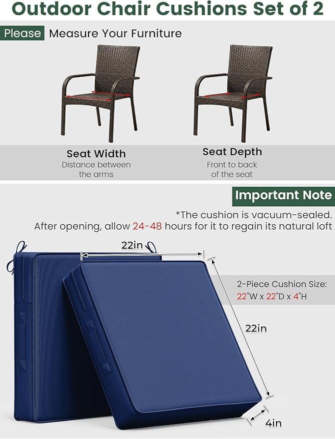 Outdoor Chair Cushion 22 x 22 x 4 Inches Patio Furniture Outdoor Waterproof Seat Cushion, Patio Chair Cushion with Handles and Ties, Square Dining Chair Cushion Set of 2, Blue