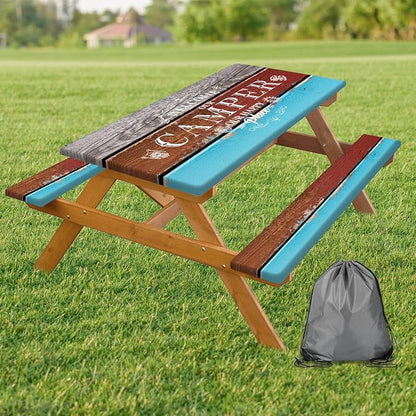Picnic Table Cover with Bench Covers Elastic Edges, Vintage Wood Grain Camper Table Cover, Waterproof Windproof Fitted, for Outdoor Camping Patio Garden RV Trips, Drawstring Bag, 96 Inch 3PCS