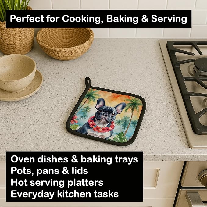 Caroline's Treasures French Bulldog Luau Pair of Pot Holders Kitchen Heat Resistant Pot Holders Sets Oven Hot Pads for Cooking Baking BBQ, 7 1/2 x 7 1/2