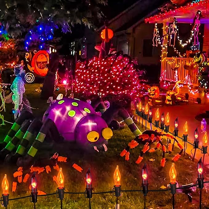Halloween Flickering Flame String Lights, 27.8Ft with 25 Pack Orange Purple Flame Light Bulbs C18 E12 Base for Indoor Outdoor Decorations, Black Wire