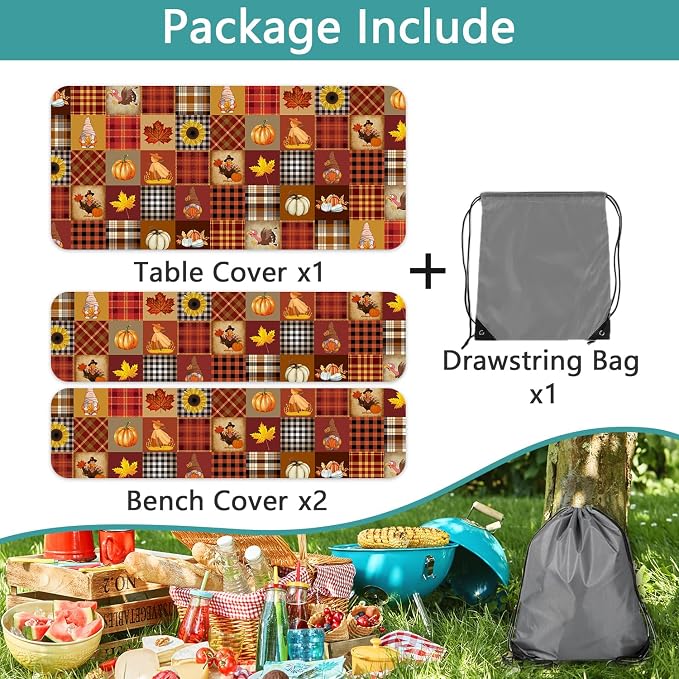 Fall Pumpkin Picnic Table Cover with Bench Covers Thanksgiving Maple Leaves Sunflower Plaid Camping Tablecloth Waterproof Elastic Edges Fitted Rectangle Tables Cover for Indoor Outdoor 3PCS 30x72 Inch